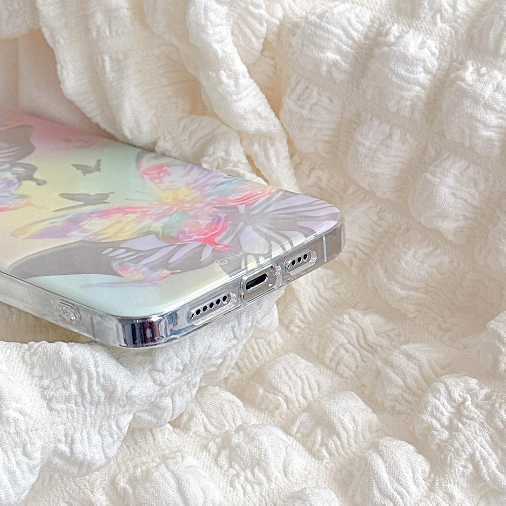 Krásný gradientní barevný stříbrný motýl kryt pro iPhone 11 12 13 14 15 Pro Max módní nárazuvzdorný silikonový nárazník IMD Funda