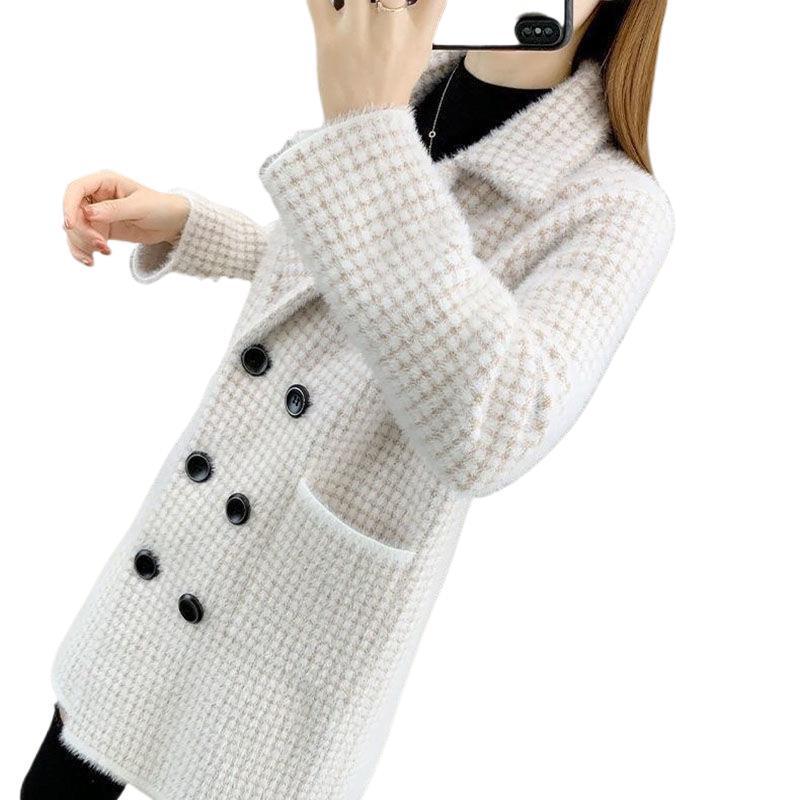 Women's Mid-Length Mink Coat Cardigan - Korean Style Loose Suit Collar Knitted Overcoat for Autumn and Spring