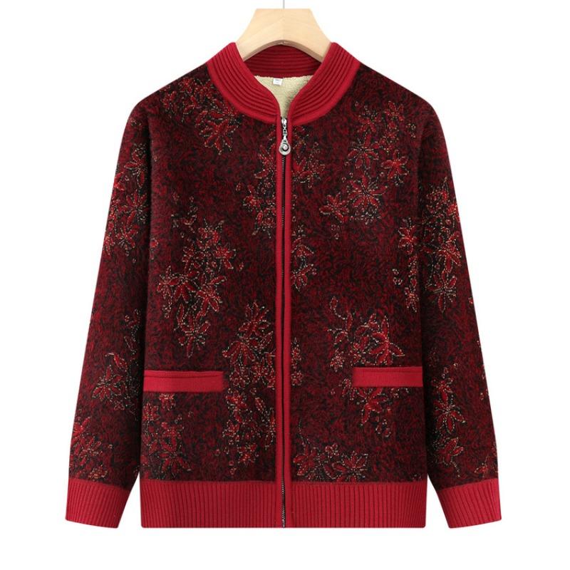 Middle-aged Grandma Pack Fleece Thickened Cardigan Knitted Sweater Mother's New Warm Flower Top Old Man Sweater New