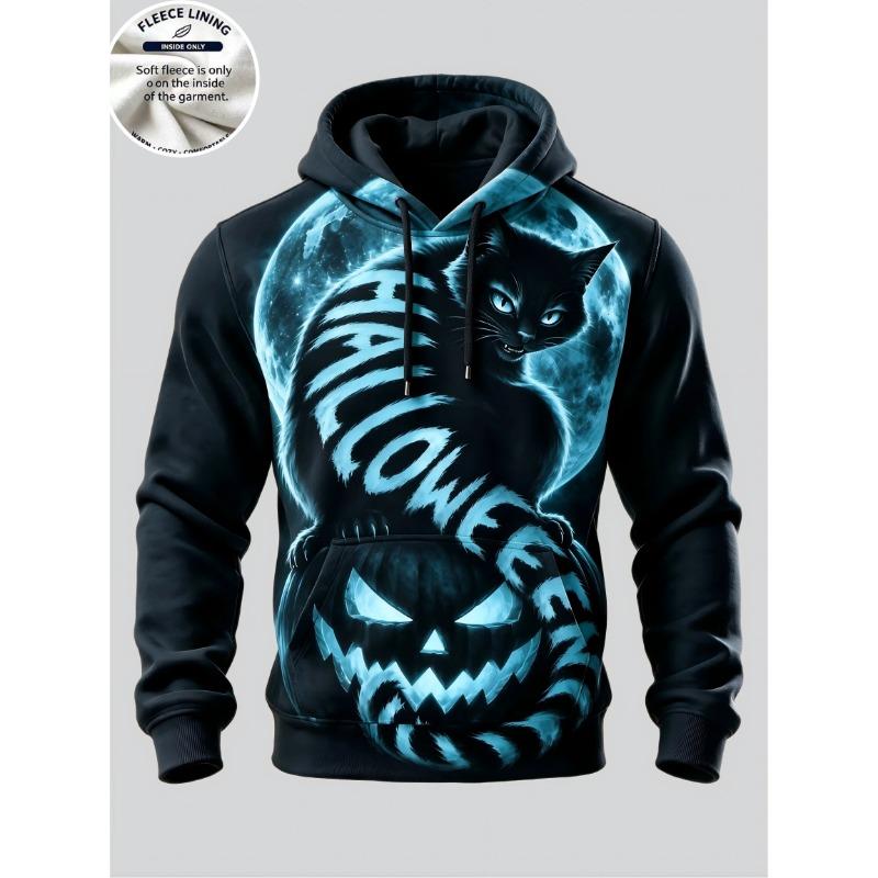 Men Fleece Lined Hoodie Halloween Black Cat Moon Pumpkin Print Pullover Hooded Sweatshirt Hoody
