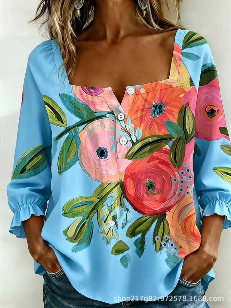 New Xiyin Summer T-Shirt Women's Printed Square Neck Button Bubble Sleeve Women's Top Women's