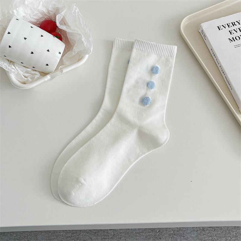 Ladies' Mid-calf Socks for Spring and Summer Are Sweat-absorbing, Flocked, Heart-shaped Polka Dot Socks with A Cute Color Contrast and A School Style