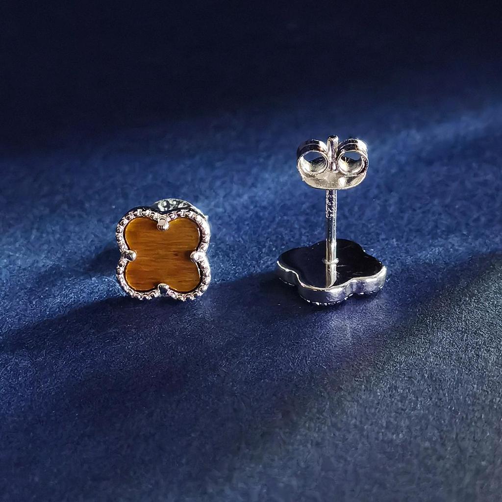 7MM Vierblättriges Kleeblatt Tigeraugen Ohrring 925 Sterling Silber Braun Platin Ohrringe