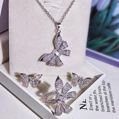 Copper Simple Butterfly Necklace Ring Earrings Korean Three-piece Female White Zircon Set Party Birthday Jewelry Gift