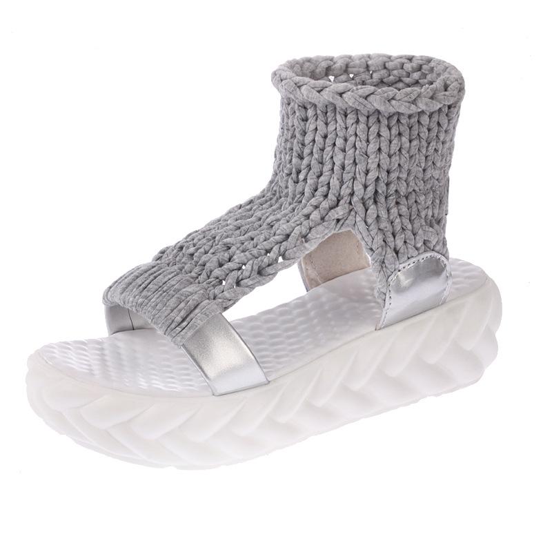 20 Types of Sweat-absorbing Muffin Wool Foot Cover Open-toed Women's Shoes, New Summer Hong Kong-style Sandals, Mid-heel Flat Bottom