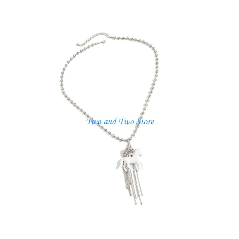 HX6F Playful Horse Pendant Necklace With Elegant Tassels Detail Great Gift For Her Round Bead Neck Chain Jewelry