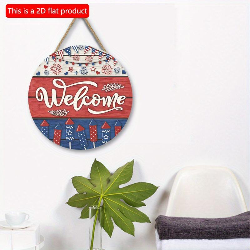2D Flach 20cm1St. Willkommen Amerikanischer Unabhängigkeitstag Thema Runder Anhänger aus Holz, Buntes Feuerwerk&USA Flaggenmuster feiern Unabhängigkeitsparty