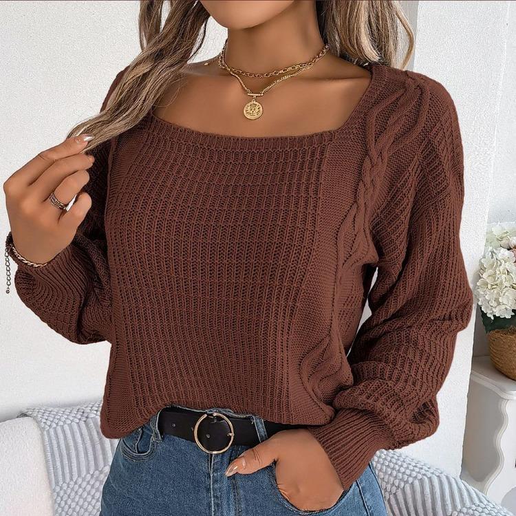 Comfortable Casual Women Solid Color Knitted Pullover Sweater Autumn Winter Square Neck Lantern Sleeve Fried Dough Twists Design