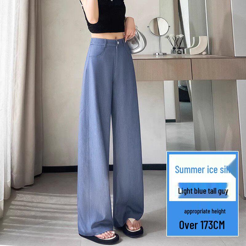 Women s Ice Silk Denim-Look High-Waisted Wide-Leg Pants: Breathable, Slimming, and Straight-Leg for Summer 2026. L