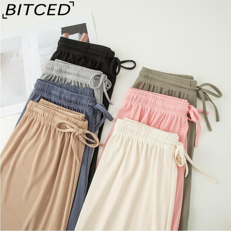 BITCED Ice Silk Cropped Trousers for Women Summer Lightweight High-Waisted Drapey Relaxed Fit Sun Protection Straight-Leg Wide-Leg Trousers