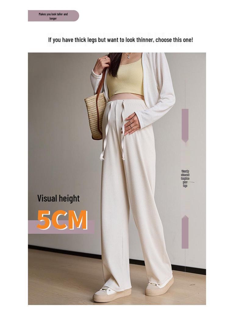 2024 Spring/Summer Maternity Wide-Leg Drawstring Pants - Long, Straight-Leg, No Belly Support, Casual Fit