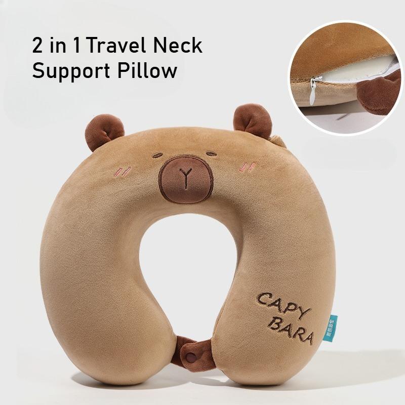 Przenośna Kawaii Kapibara Poduszka Pluszowa w Kształcie U 2 w 1 Podróżna Poduszka Podpierająca Szyję Urocza Pluszowa Poduszka Dekoracyjna Poduszki na Krzesło Biurowe