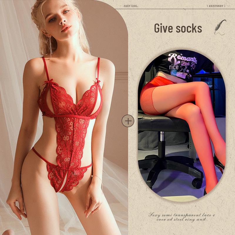 Midnight Whisper: Women's Sexy Lace Lingerie Bodysuit Set with Alluring Hollowed Design