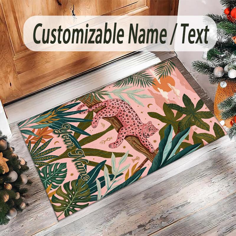Leopard Theme Crystal Velvet Floor Rug Personalized Custom Name Text Warm Carpet Home Decoration