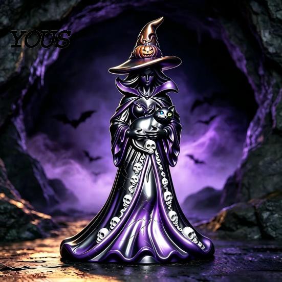 Black Cat Statue Halloween Witch Figurine, Resin with Pumpkin, Retro Figurine Sculpture, Gothic Tabletop Ornament for Party Display And Seasonal