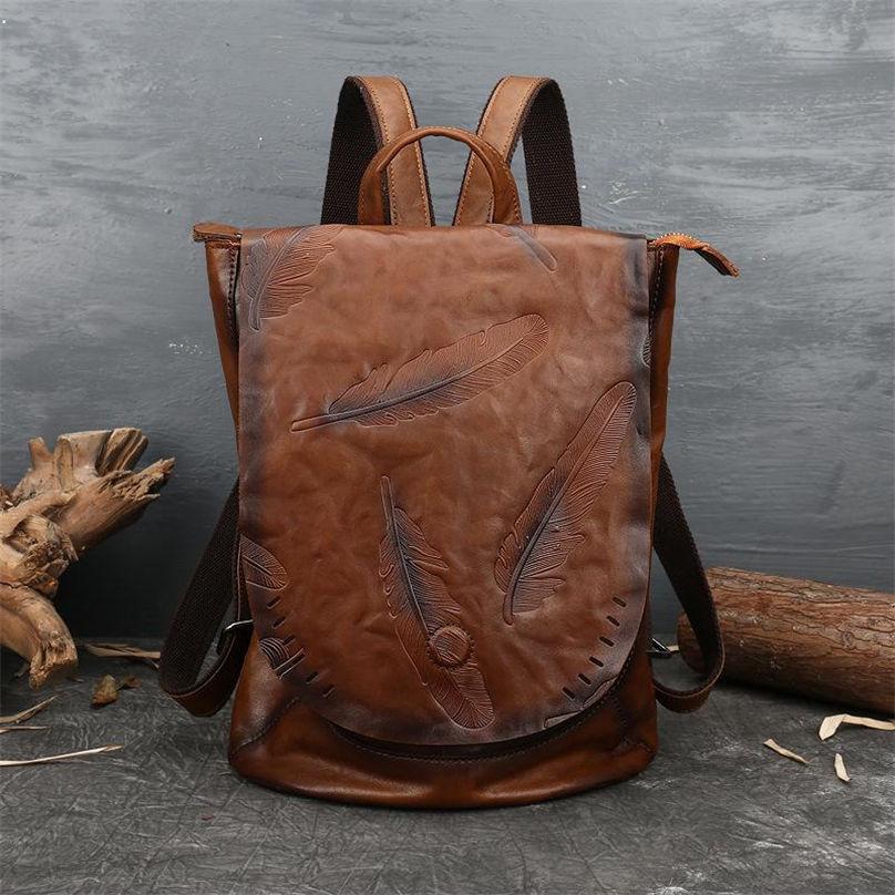 Genuine Leather Feather Embossing Backpack Cow