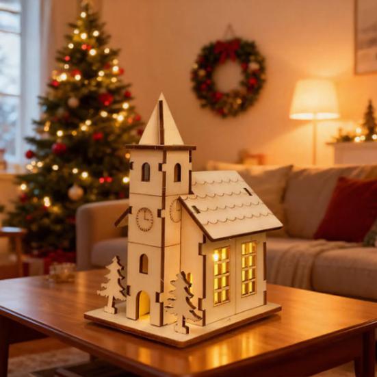 Wooden LED Lighted House Ornament Handcrafted Glowing Christmas House Decoration Xmas Holiday Party Desktop Decor