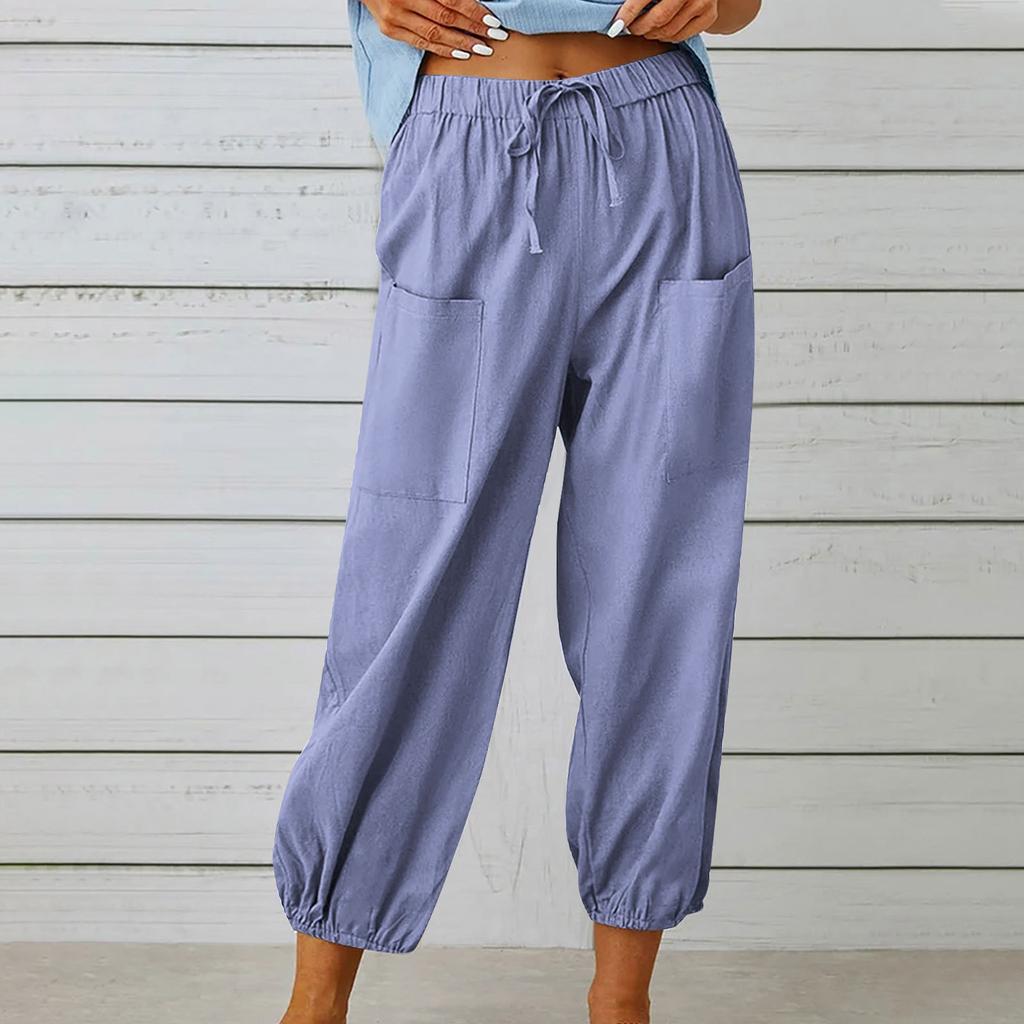 Women's Fashionable Color Cotton Linen Elastic Waist Decorative Casual Pants With Pockets
