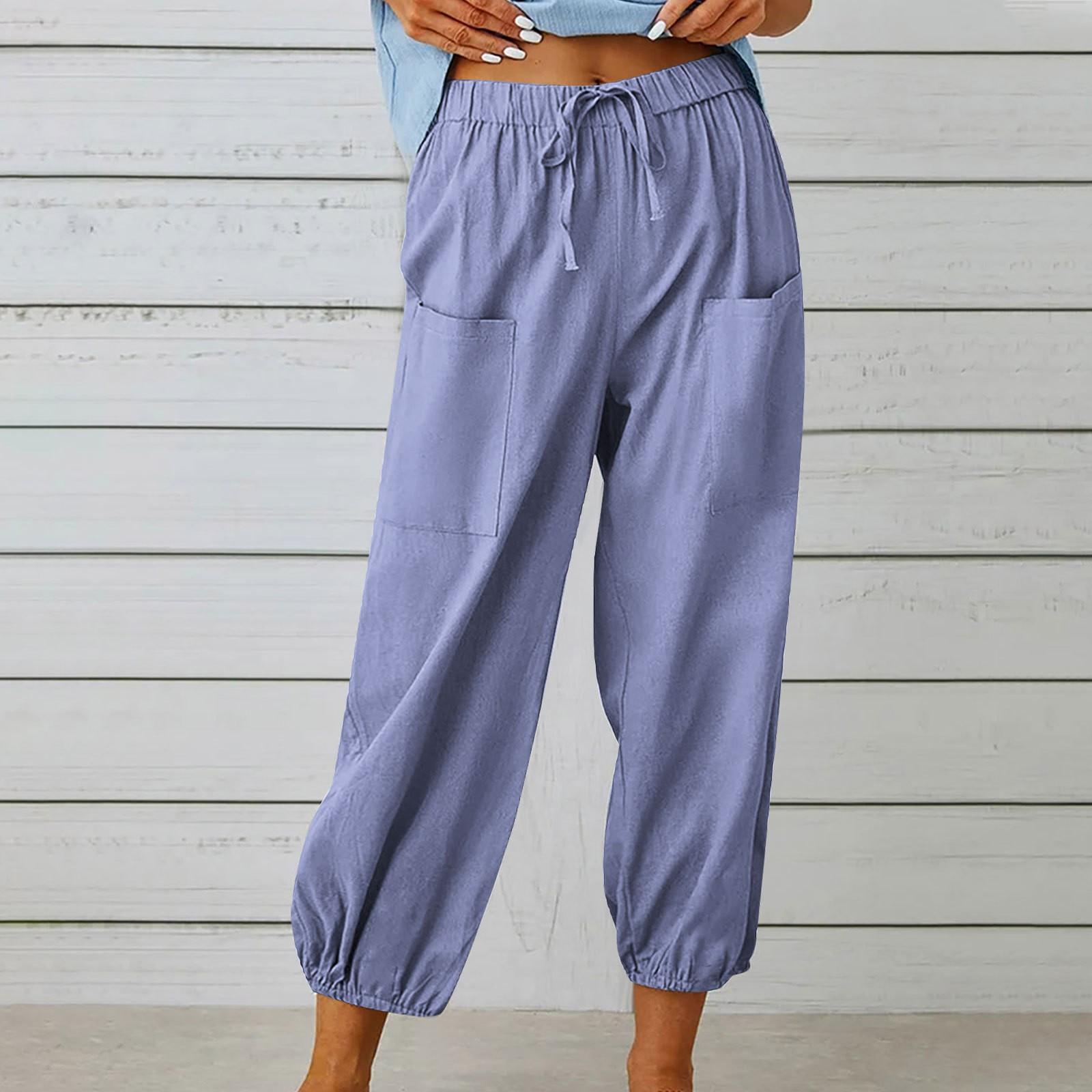 

Women s Fashionable Color Cotton Linen Elastic Waist Decorative Casual Pants With Pockets XXL фіолетовий