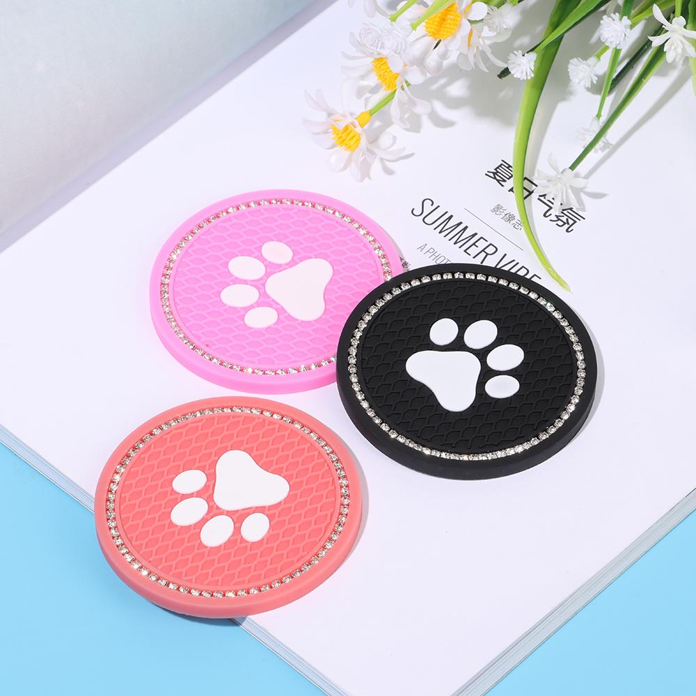 7CM Round Cup Holder Dog Paw Pattern Rhinestone Soft Silicone Anti Slip Mats Bling Crystal Car Coasters Interior Accessories