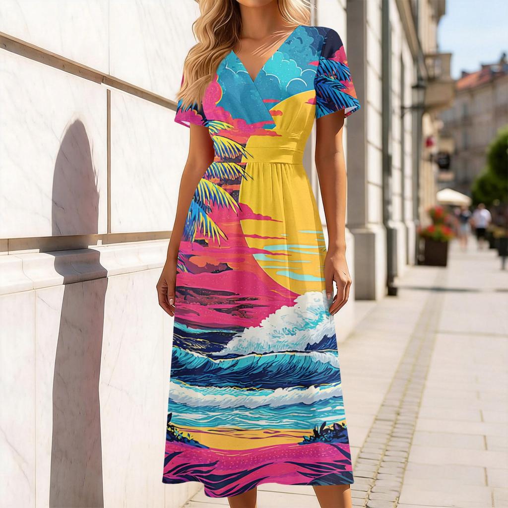 Womens V Neck Short Sleeve Casual Dress Hawaiian Print Midi Dress Summer Beach Dress Elastic Waistline Dress