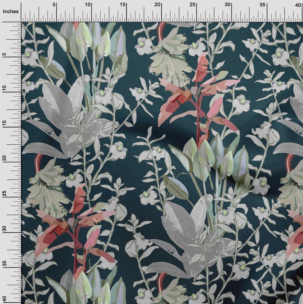 oneOone Cotton Cambric Dark Teal Blue Fabric Tropical Floral Sewing Material Print Fabric By The Yard 42 Inch