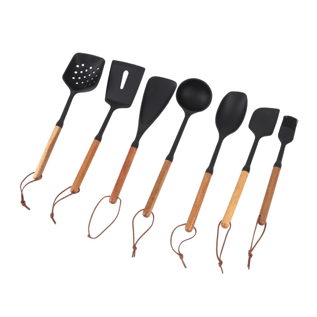 7PCS Kitchen Cooking Utensils Silicone Heat Proof Nonstick Cooking Spatula Turner Spoon Set with Wooden Handle for