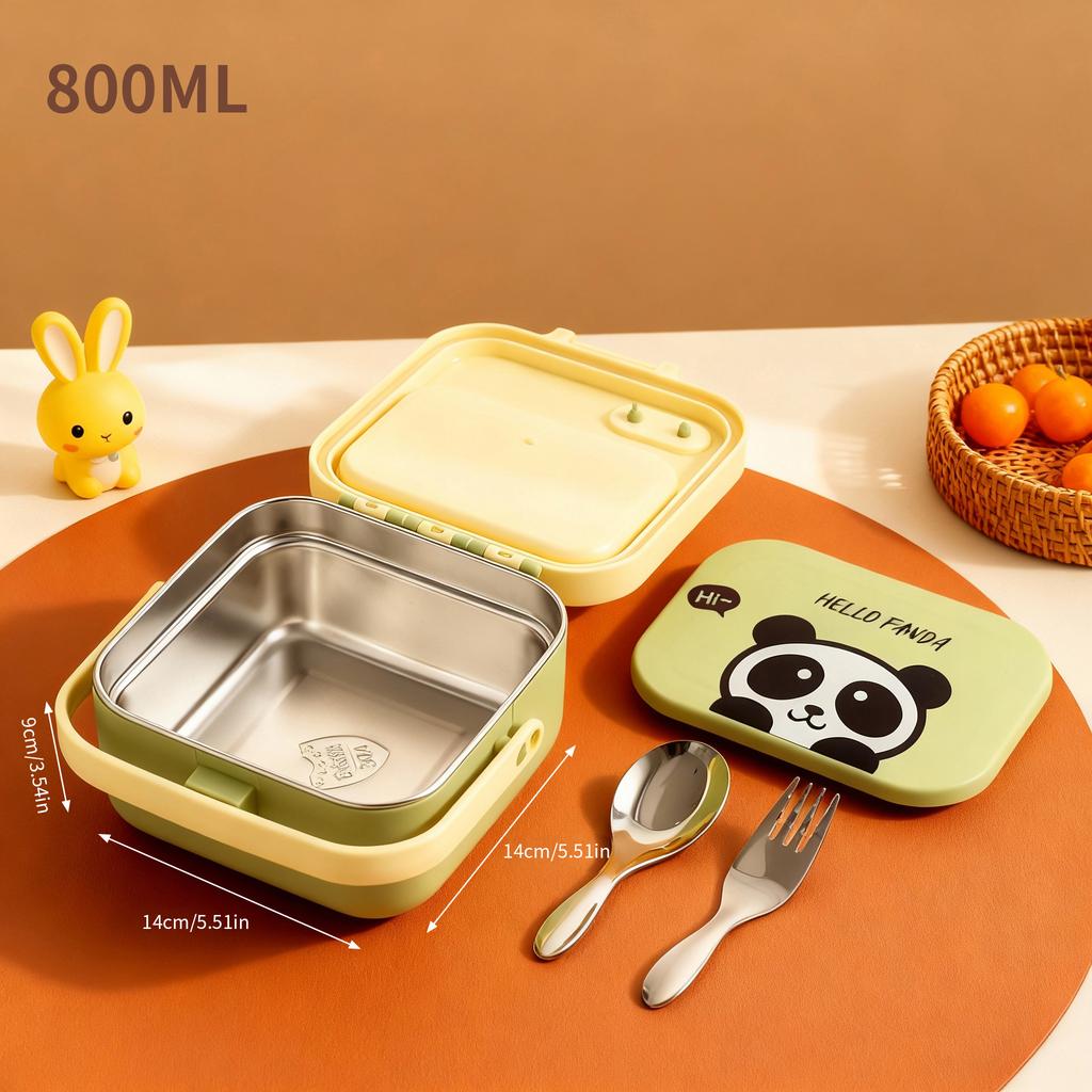 304 Stainless Steel Handheld Lunch Container Leak-proof Cartoon Square Children's Bento Lunch Box With Fork Spoon Microwave Safe