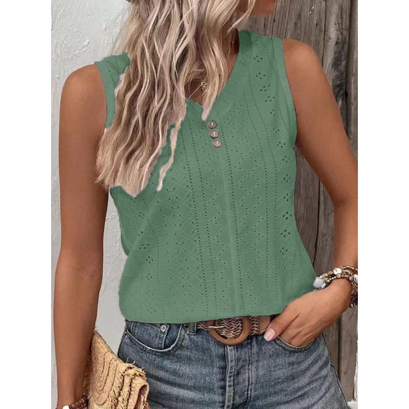 Summer T-shirt Women's Fashion Solid Color Casual V Neck Sleeveless Buttoned Vest T-shirt