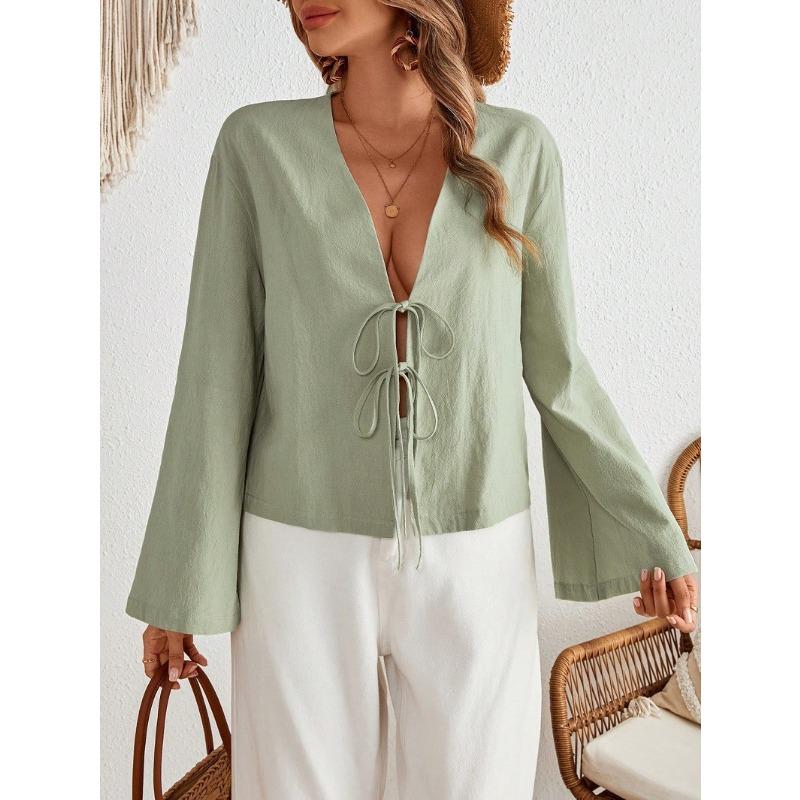 Módní dámská šněrovací košile s dlouhým rukávem, ležérní volná košile s výstřihem do V, s krajkovými průstřihy, jednobarevná