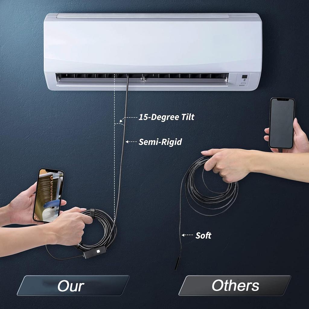 1920P HD Endoscope Camera 164ft Semi Rigid Snake 8 Adjustable LED Lights IP67 Waterproof Borescope for iOS Android