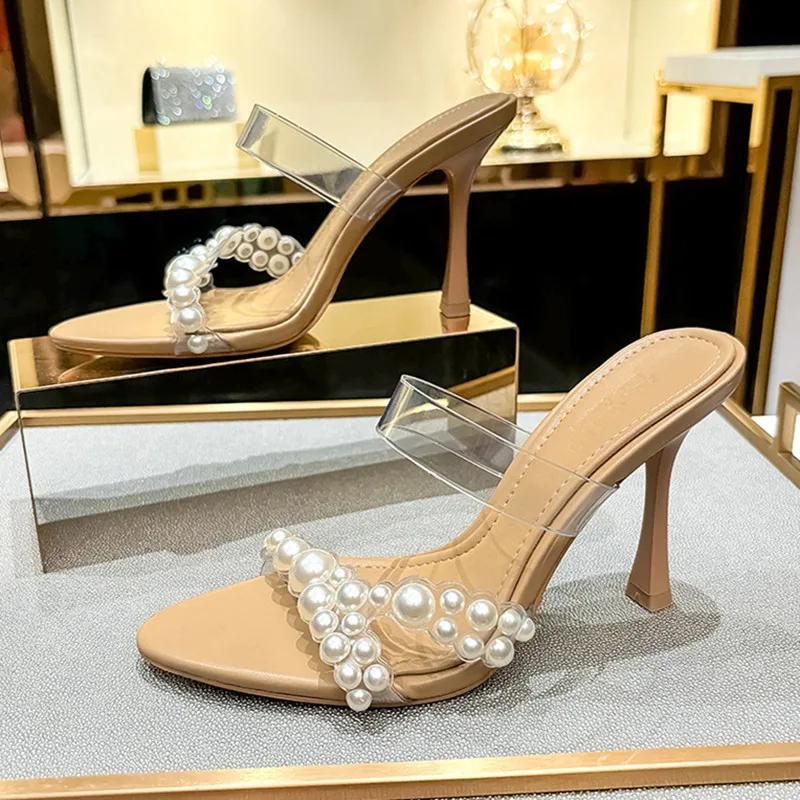 Fashion Luxury Brand Design String Bead PVC Transparent Slippers Women Summer High Heels Sandalias Fashion Open Toe Party Slide Sandals