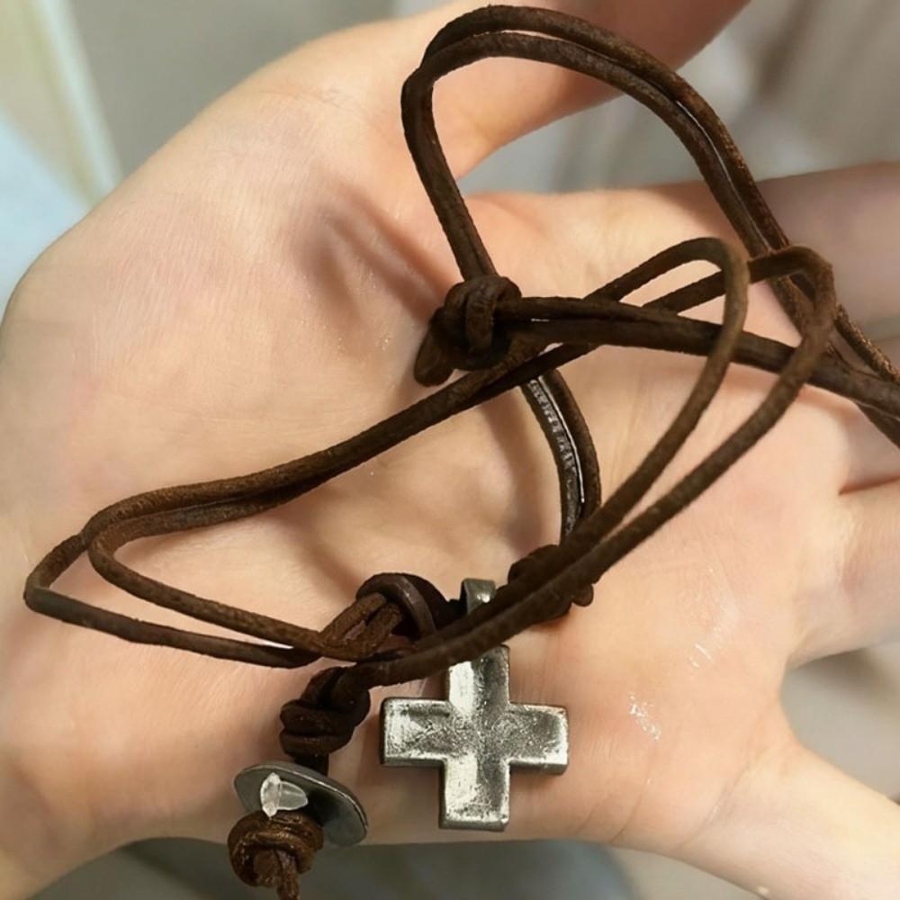 Handmade Craft Rope Leather Necklace Retro Braided Cross Necklace Cross Pendant Necklace Unisex