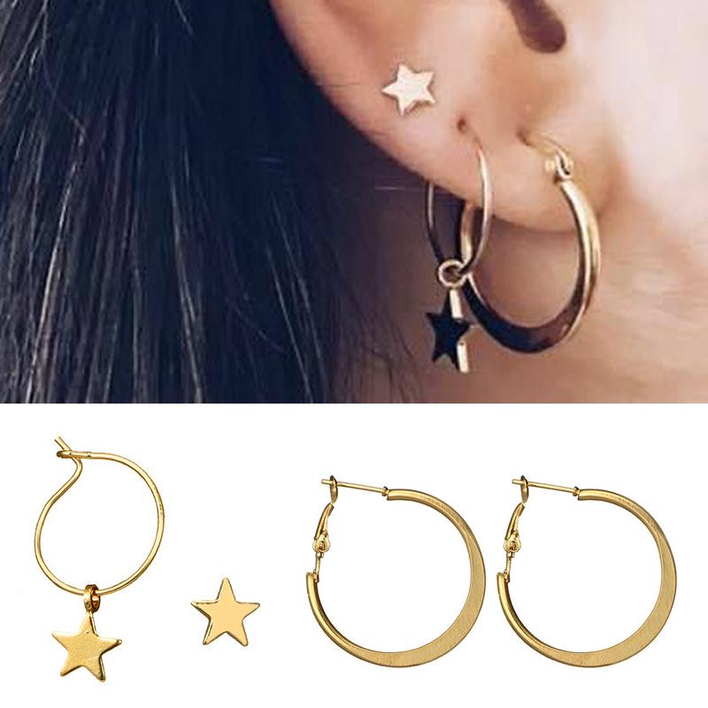 4pcs/set Trendy Circle Drop Earrings for Women Round Star Dangle Earrings Statement Punk Zircon Vintage Golden Color Girls Gift