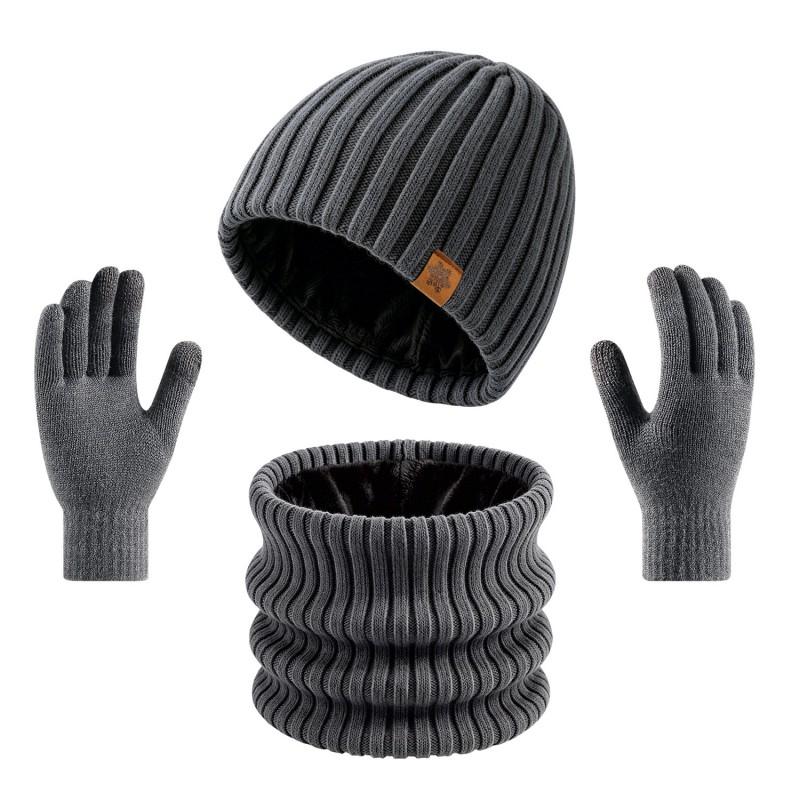 Mens Winter Knit Hat Scarf Gloves Set Double-Layer Fleece Lined Alpaca Blend Warm Outdoor Cycling Accessory