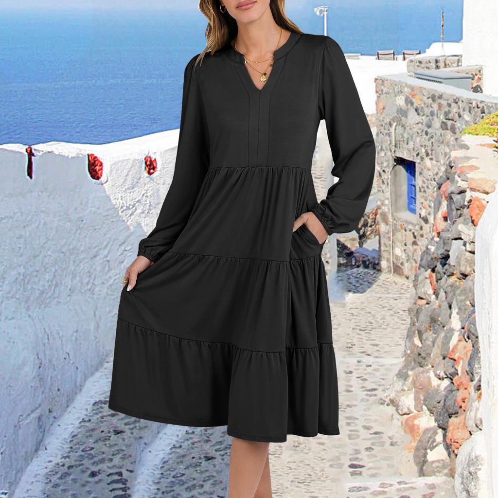 Women's V-Neck Flowing Layered Bohemian Long-sleeved Solid Colour Dress
