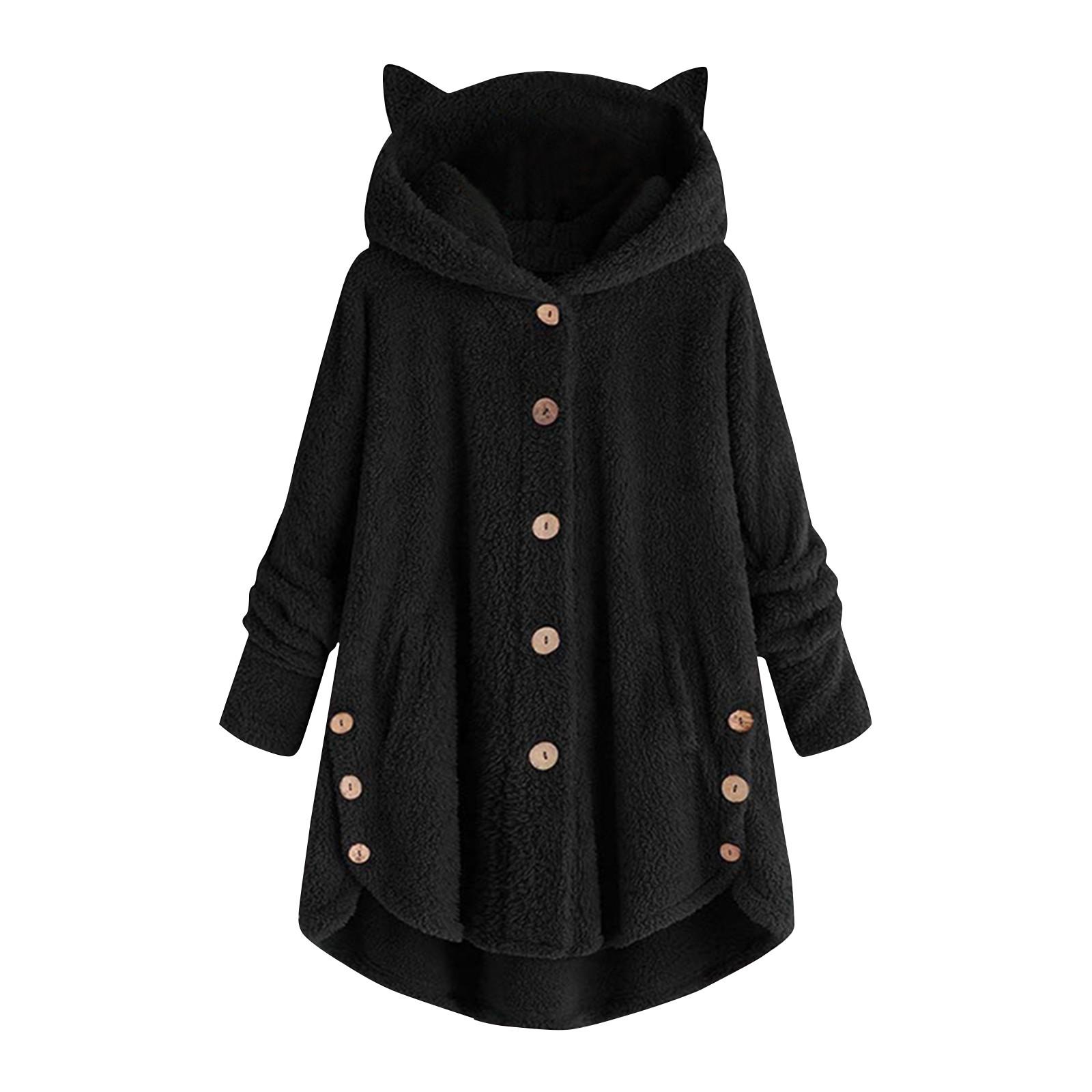 

Женская зимняя куртка из двухстороннего флиса, плюшевая, повседневная, свободная, с капюшоном, на пуговицах, свитер L чёрный