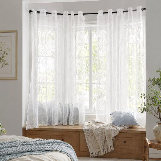 Spitzenvorhänge, Verdickte hochdichte transparente Vorhänge mit Blumenmuster, Wellenförmige Spitzen-Tüllvorhänge für Wohnzimmer, Schlafzimmer, Balkon, Weiches Licht