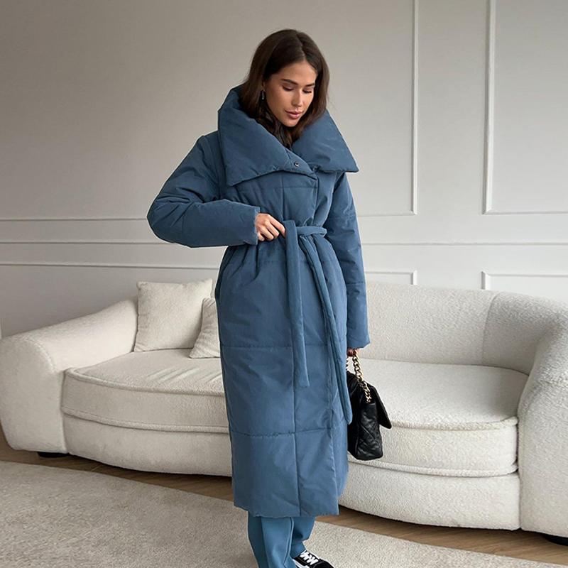 Winter Oversized Warm Long Cotton Padded Coats Women Loose Belt Quilted Parkas Jackets Thicken  Lace Up Single Breasted Overcoat