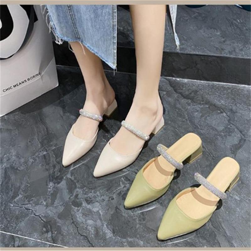 New Bag Head Half Slippers Female Summer Wear Thick Heel Pointed Shoes Fashion Rhinestone Fairy High Heel Sandals