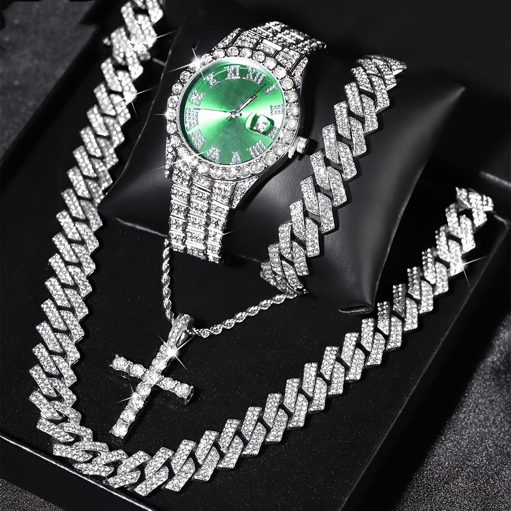 4pcs/set Men Bling Wrist Watch Hip Hop Cuban Chain Necklace Set Round Dial Rhinestone Quartz Watches Cross Pendant Punk Jewelry