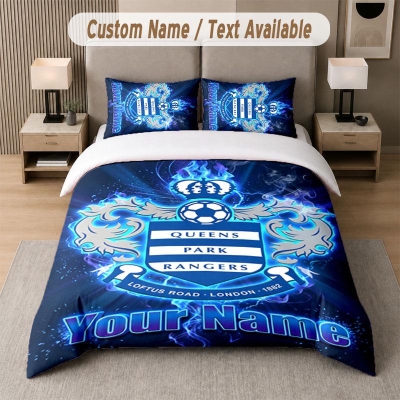 Set Biancheria da Letto Personalizzato Modello Queens Park Rangers FC, Stampa Nome Testo 1 Copripiumino più 2 Federe Tessili per la Casa