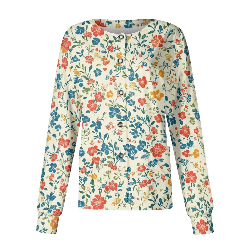 Women's Casual Long Sleeve Single Breasted Floral Print Medical Scrub Cardigan Top Comfortable Fit Lightweight Fabric Suitable for Work