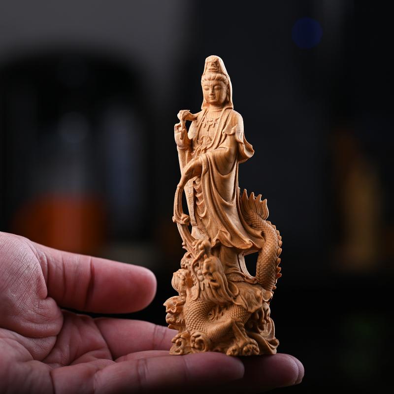Minimalist Solid Wood Guanyin Statue Hand Carved Wooden Ornament for Home Living Room Interior Decoration