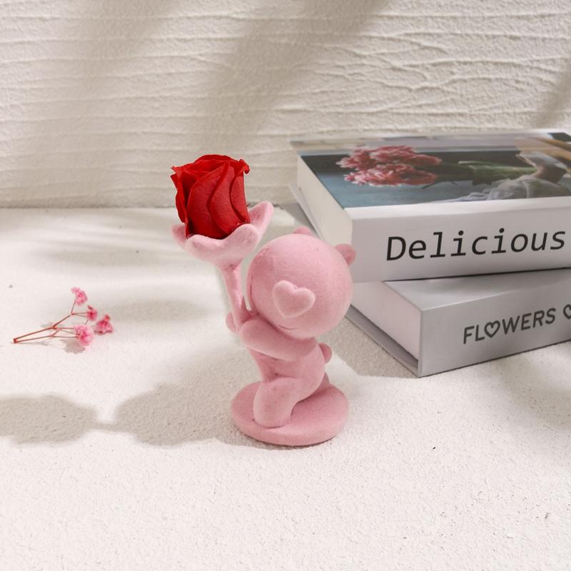 Proposal Flocking Bear Figurine Kneeling with Eternal Flower Rose Romantic Desk Ornament Gift for Valentine's Day & Anniversary