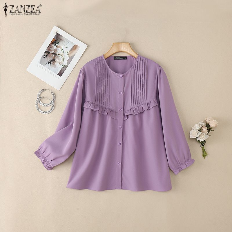 ZANZEA Camicetta casual da donna a maniche lunghe con scollo rotondo e tinta unita