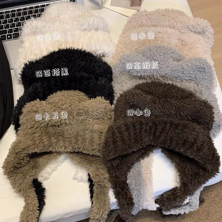 Korean Version Of Cute Bear Plush Hat Women'S Autumn And Winter Warm Big Head Circumference Ear Protection Wool Hat Knitted Hat Shows Small Face