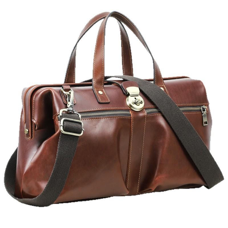 14.2-inch Business Computer Bag With Iron Dumpling Lock Retro Genuine Leather Handheld Diagonal Span Briefcase