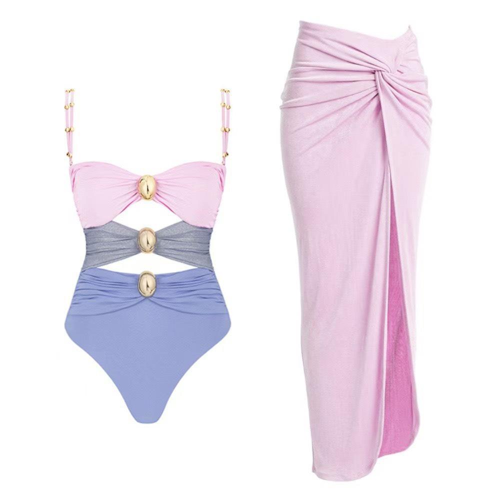 Costum de baie bikini întreg patchwork cu fustă pentru femei 2025, culoare uni