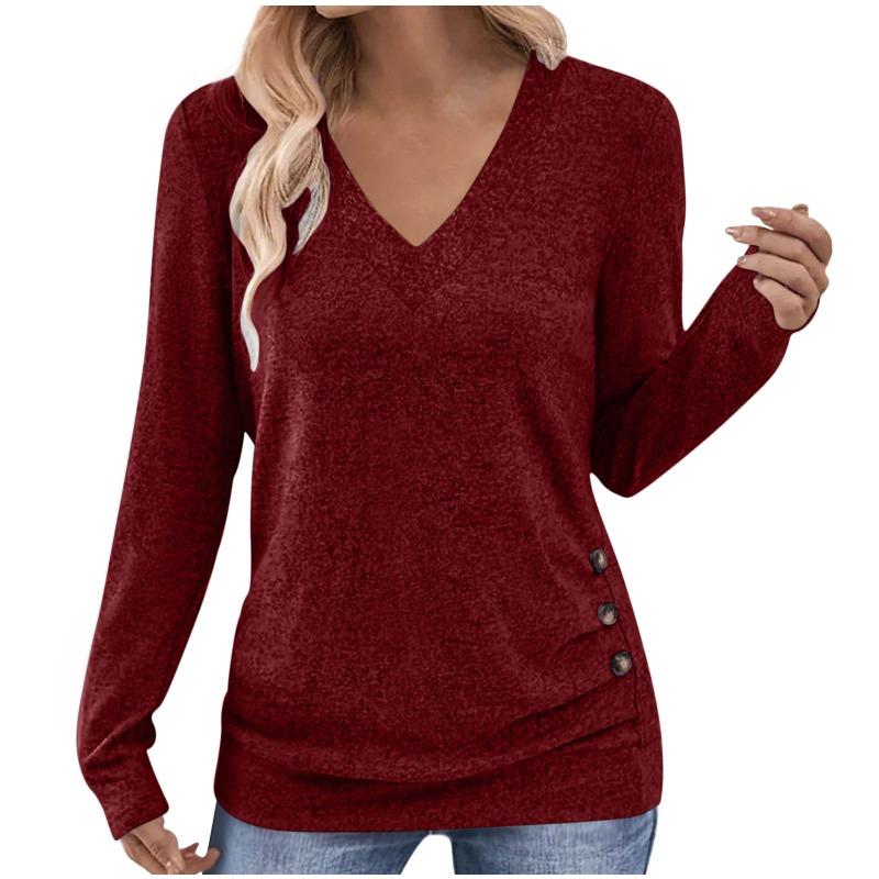Womens Long Sleeve V Neck Solid Color T Shirt With Buttons Elegant Top